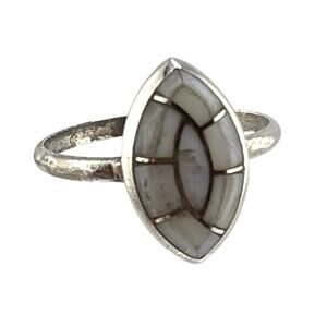 Vintage Sterling Silver Marquise Mother Of Pearl Inlay Ring 6.5